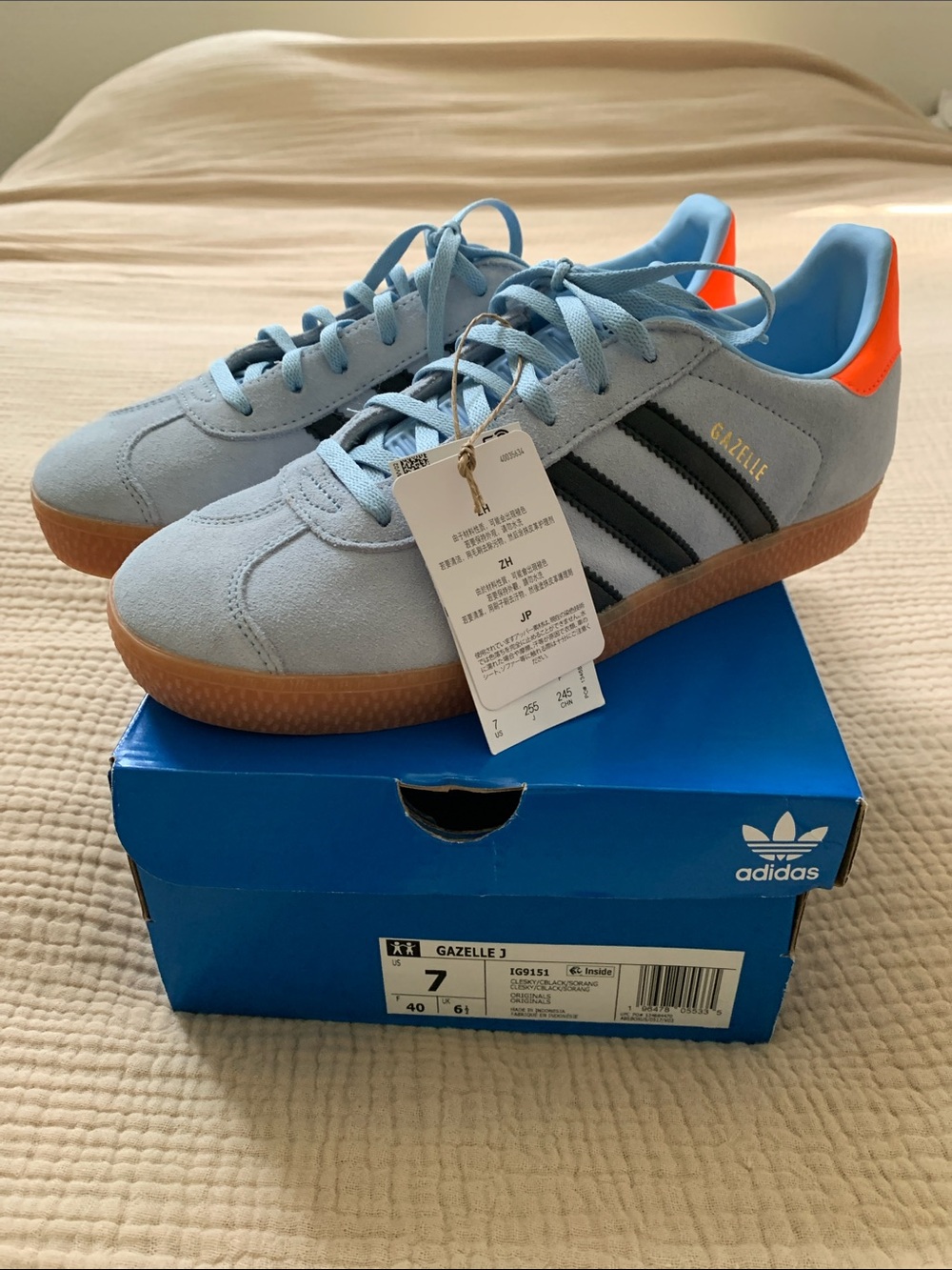 NWT adidas Kids Light Blue Suede Gazelle with Black Stripes and Orange Heel